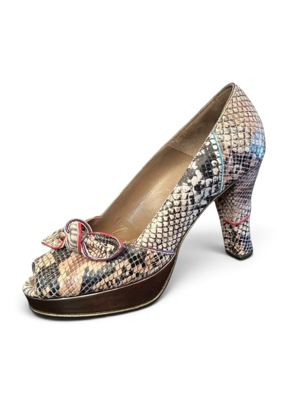 Sylvie Geronimi Peep Toe Snake Print Platform Heels Size 7
